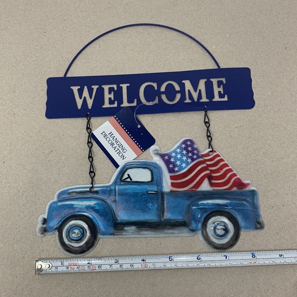 PATRIOTIC METAL BLUE PICKUP TRUCK W/ USA FLAG WELCOME SIGN WALL DOOR USA decor - Picture 2 of 10